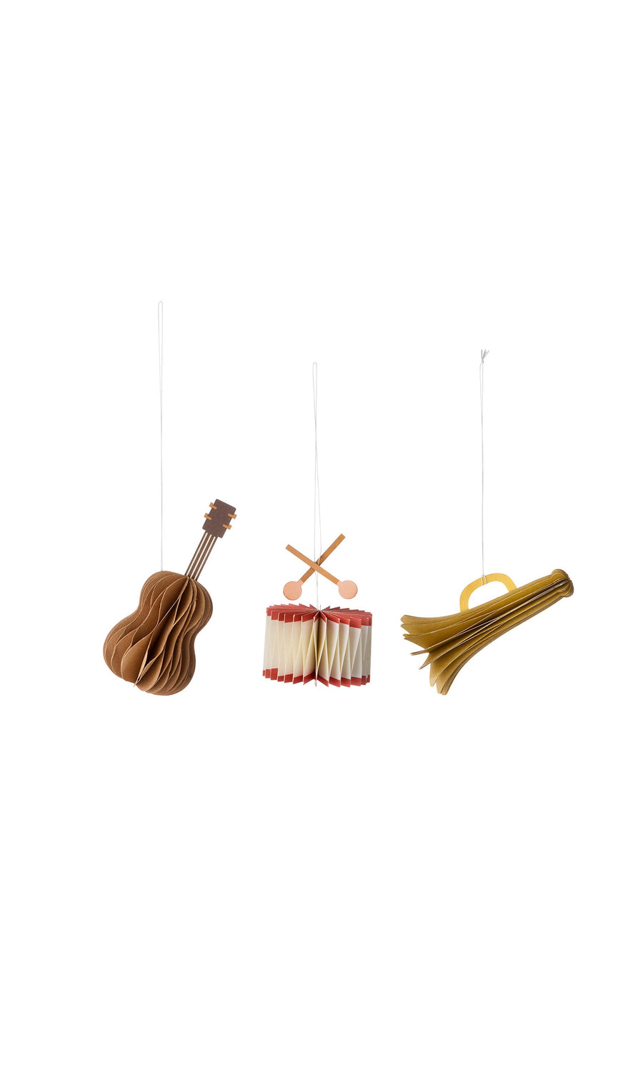 Plümo- Honeycomb Instruments (set of 3): guitar, drum & trumpet decorations—ideal for festive décor.