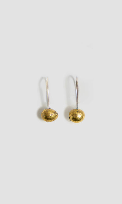Plümo  Two Greta Earrings - Brass: silver hoops with gold oval beads, handcrafted in Cornwall on a light gray background.