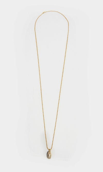 Plümo  Pistachio Pendant: Gold brass ball chain necklace with small oval pistachio pendant on white background.