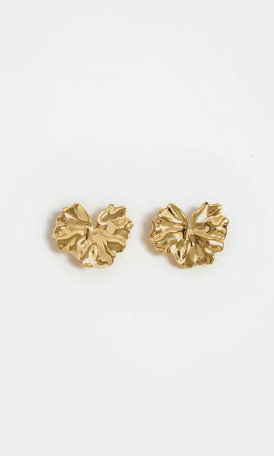Plümo  Klara Earrings - Gold: Leaf-shaped 14k gold earrings on white background, facing upward for an organic look.