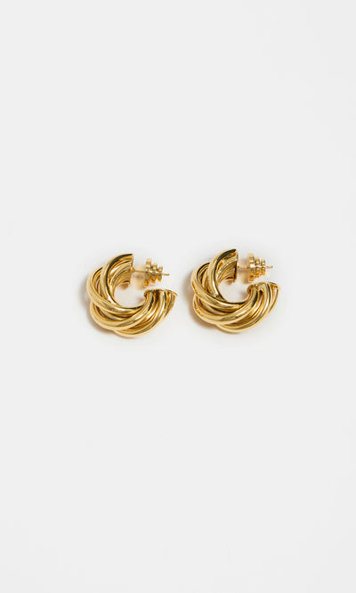 Plümo  Banda Earrings—gold-plated chunky twisted hoops with a bold intertwined design shown on a white background.