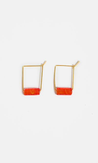 Plümo  Fortuna Earrings - Satsuma: square gold hoops with red glass beads, shown on a plain white background.