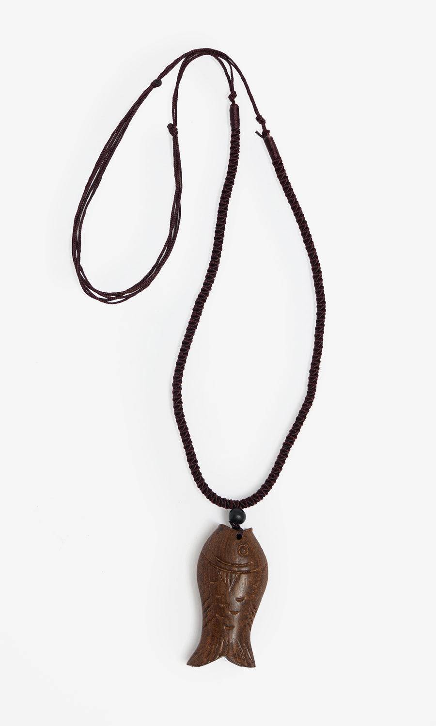 Plümo  Yumi Fish Necklace: Lightweight wooden pendant on adjustable cord, shown against a plain white background.