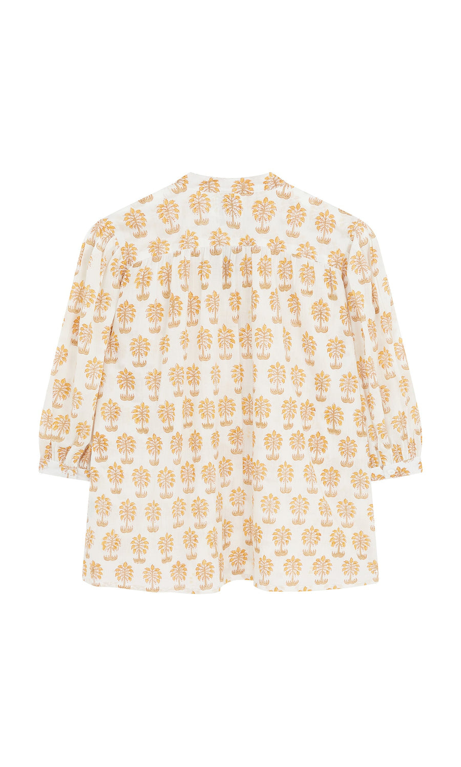 Plümo- Palm Shirt: White cotton voile, yellow palm tree block print, loose fit, three-quarter sleeves, back view shown.