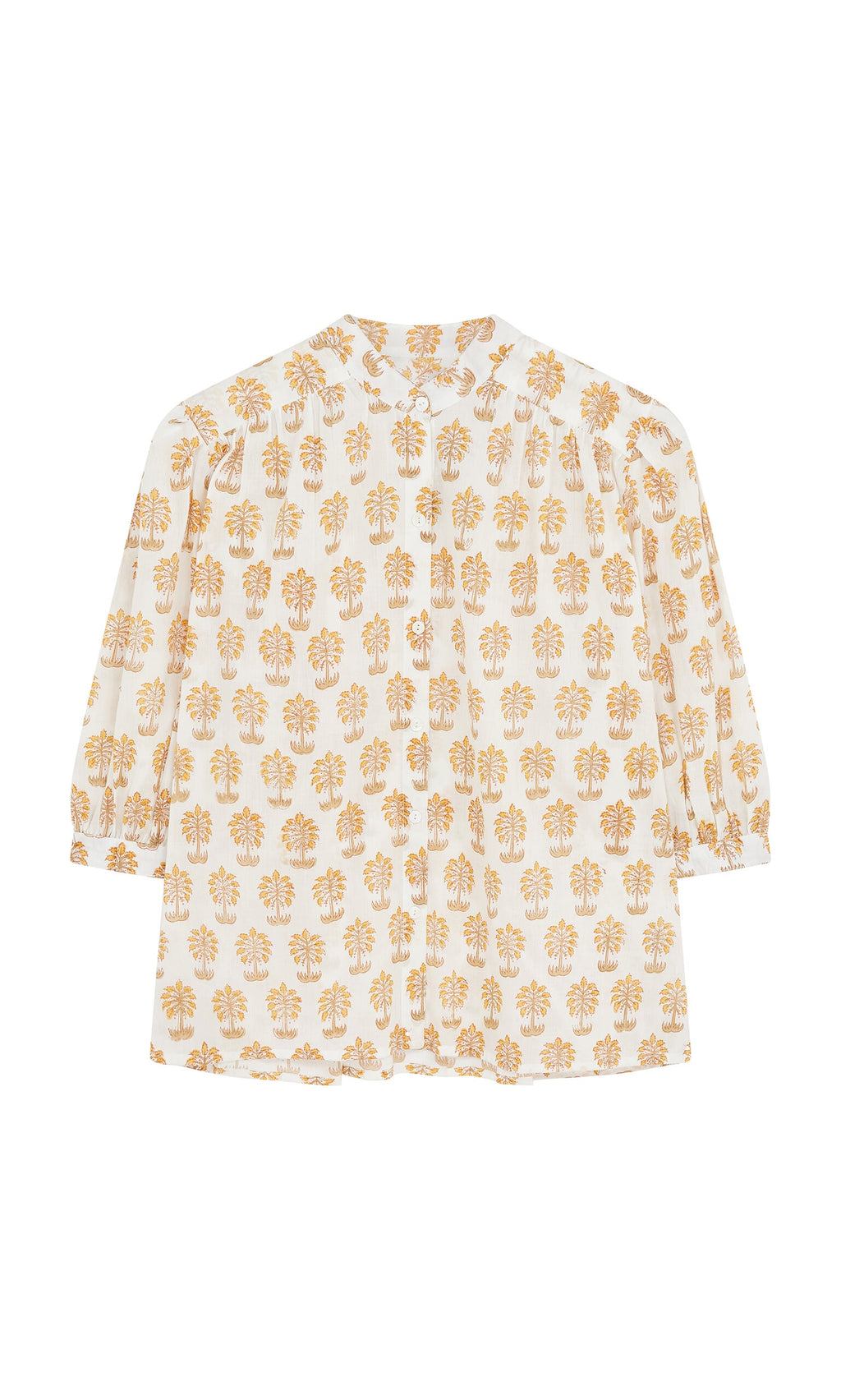Plümo- Palm Shirt: White cotton voile with mustard-yellow floral print, long sleeves, and round neckline.
