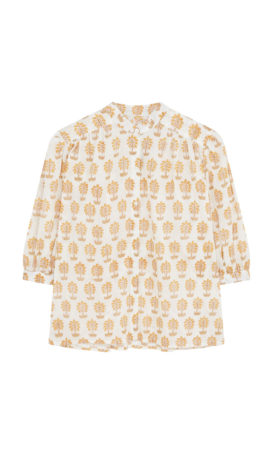 Plümo- Palm Shirt: White cotton voile with mustard-yellow floral print, long sleeves, and round neckline.