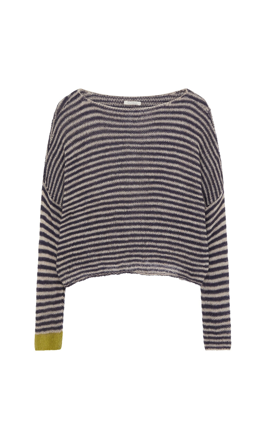 Plümo- The Paloma Stripe Sweater features black and white stripes, a wide neckline, and a mustard yellow cuff.