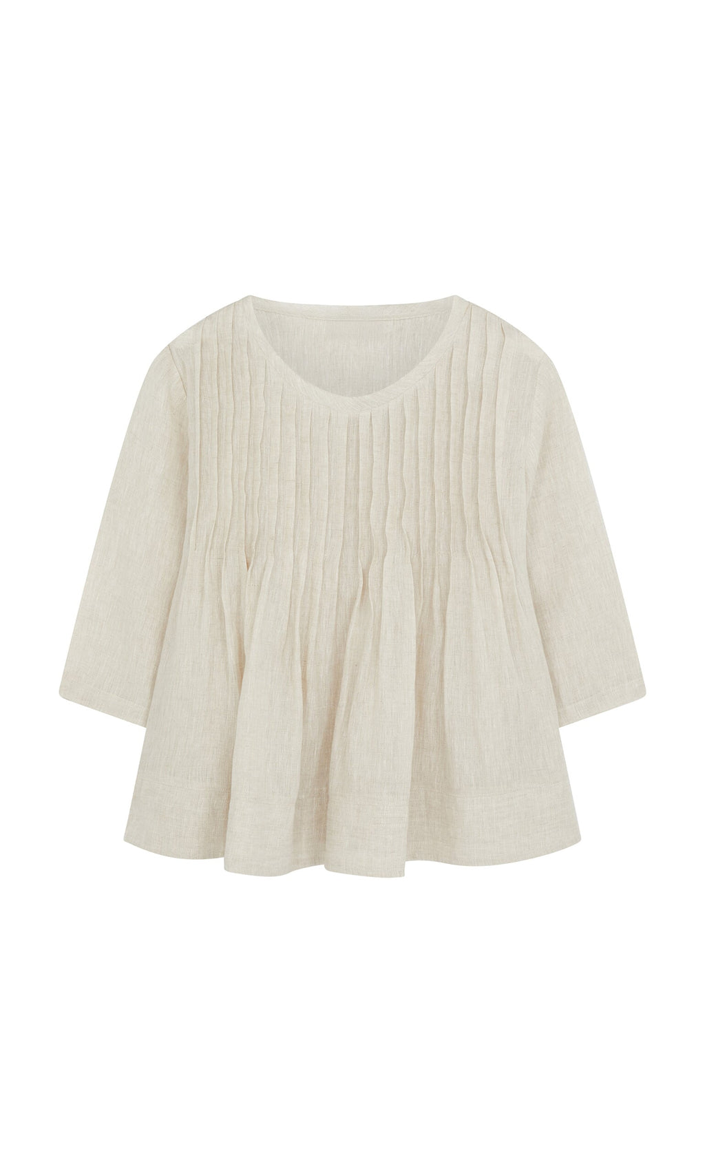 Plümo- The Pantry Blouse is an ecru linen, relaxed fit top with three-quarter sleeves and vertical front pleats.