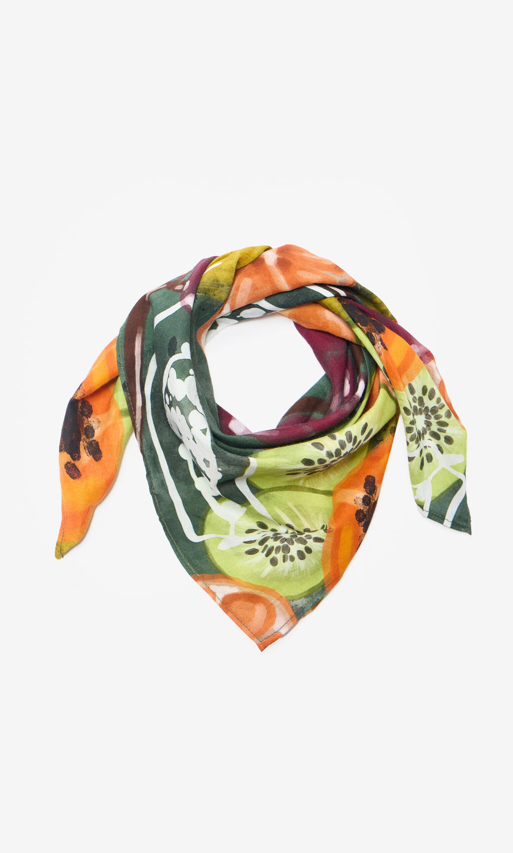 Plümo- The Papaya Necktie features a painterly floral design in green, orange, yellow, and burgundy on a triangle scarf.