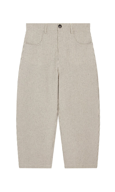 Plümo- Passanti Pants: high-waisted, lightweight seersucker with black/white pinstripes and front pockets.