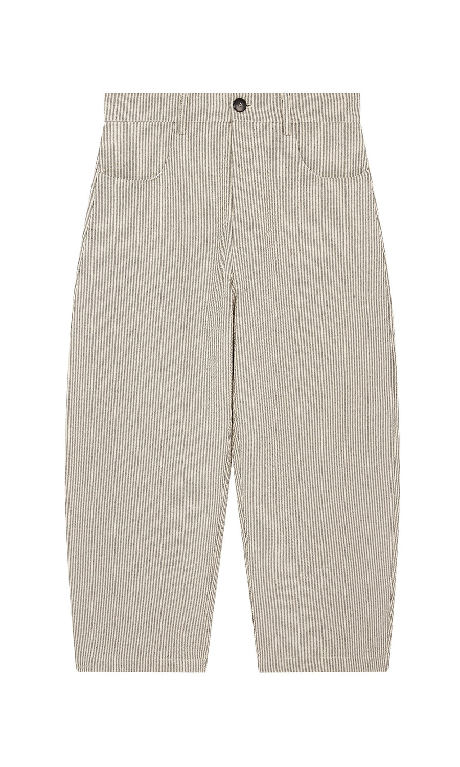 Plümo- Passanti Pants: high-waisted, lightweight seersucker with black/white pinstripes and front pockets.