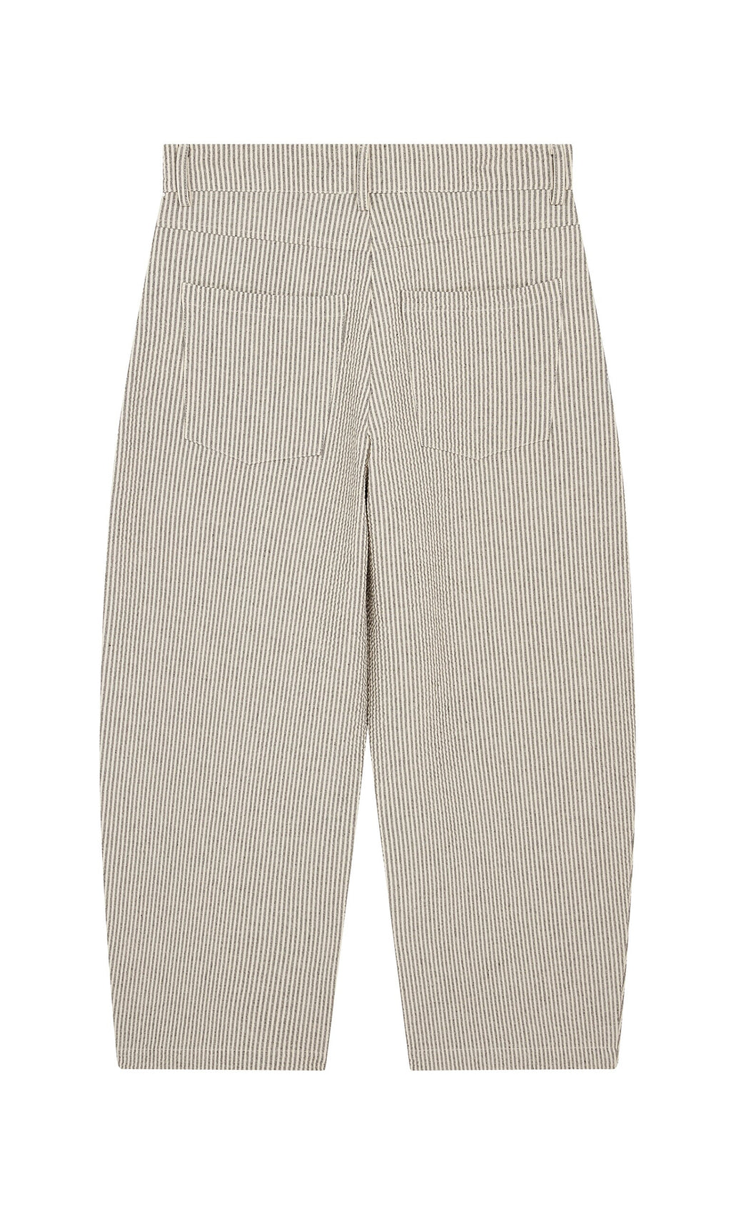 Plümo- Passanti Pants: gray and white vertical stripes, lightweight seersucker, wide legs, back view with two rear pockets.