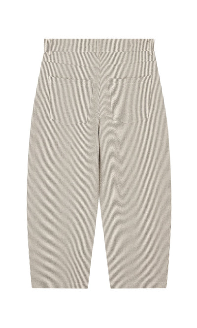 Plümo- Passanti Pants: gray and white vertical stripes, lightweight seersucker, wide legs, back view with two rear pockets.