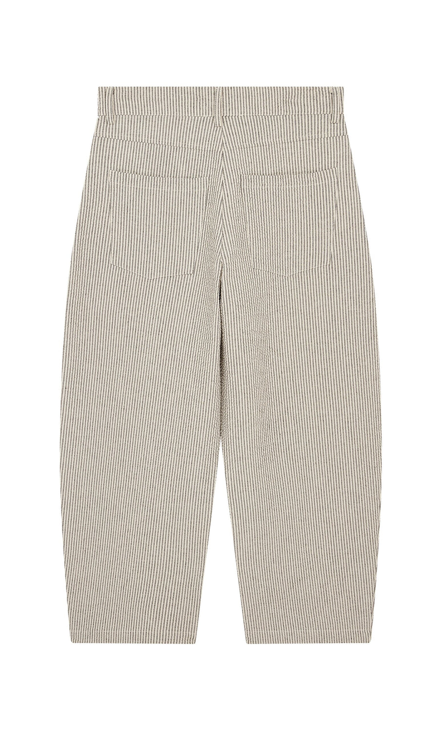 Plümo- Passanti Pants: gray and white vertical stripes, lightweight seersucker, wide legs, back view with two rear pockets.
