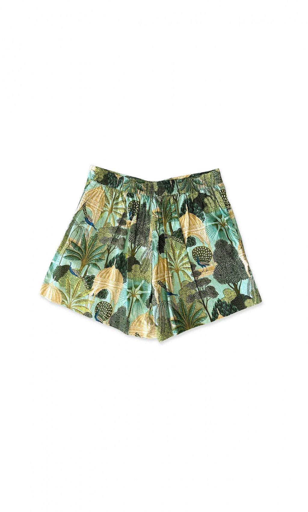 Plümo- Peacock Shorts: green and yellow botanical print, high waist with elastic waistband, shown on white background.