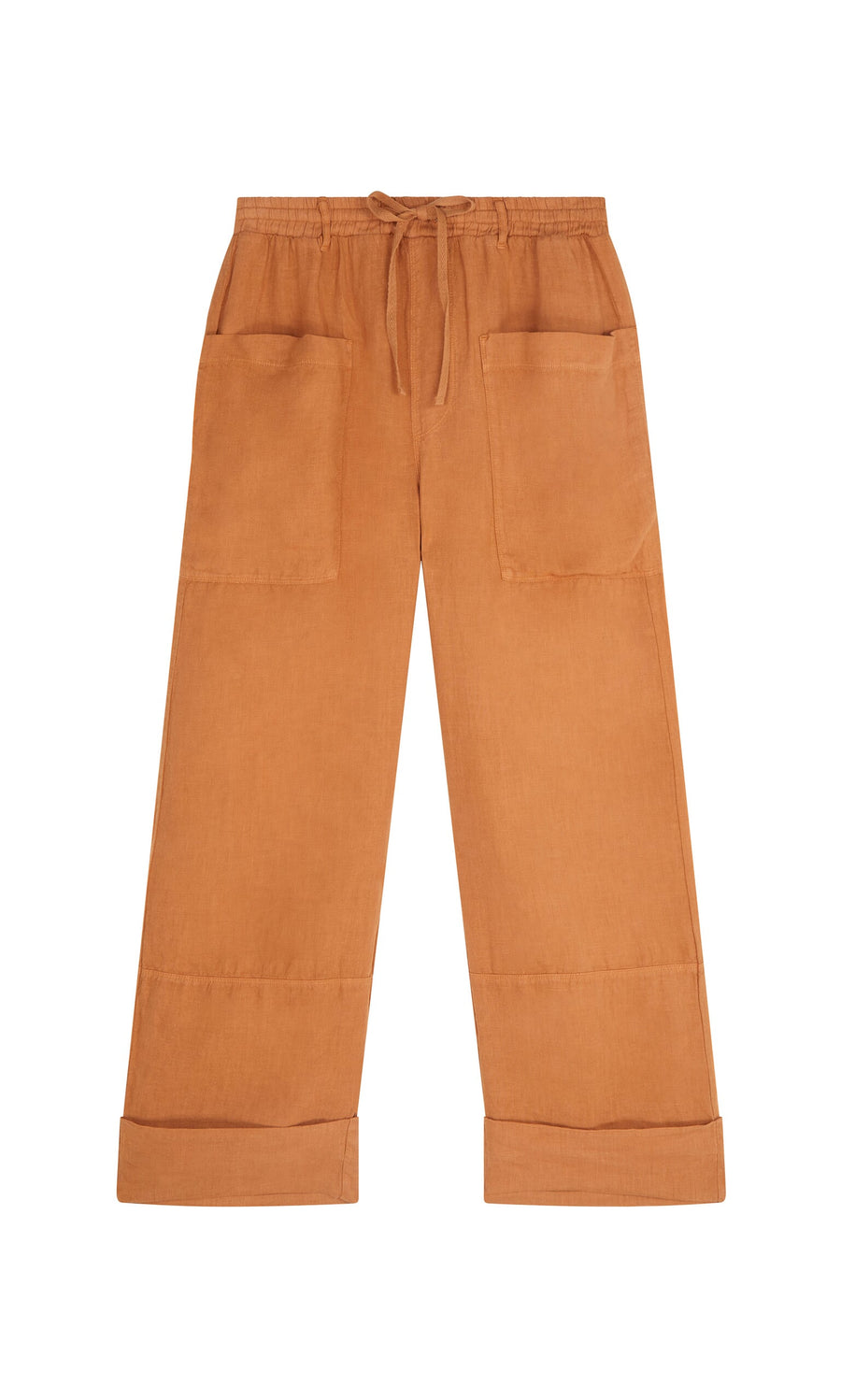 Plümo- Pecan Pocket Pants: wide-leg rust-orange linen with drawstring waist, large front pockets, and cuffed hems laid flat.