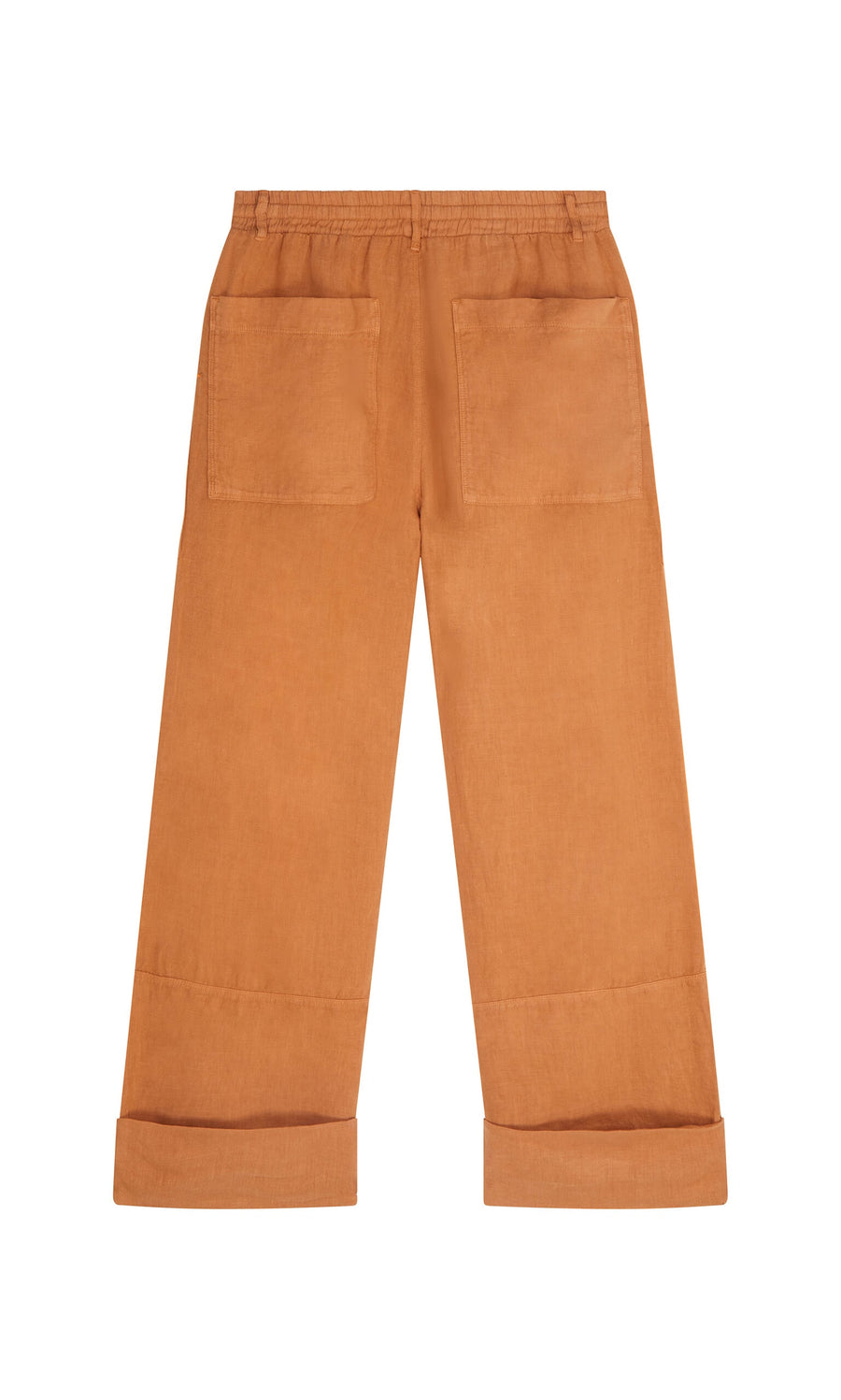Plümo- Pecan Pocket Pants: rust-colored linen wide-leg pants with drawstring waist, large back pockets, and rolled cuffs.