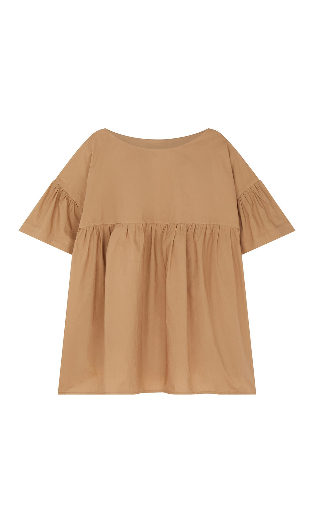 Plümo- Tan Peplum Top with ruffled sleeves and gathered waist, shown on a white background.