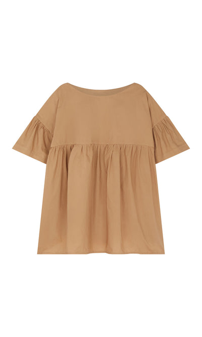 Plümo- Tan Peplum Top with ruffled sleeves and gathered waist, shown on a white background.