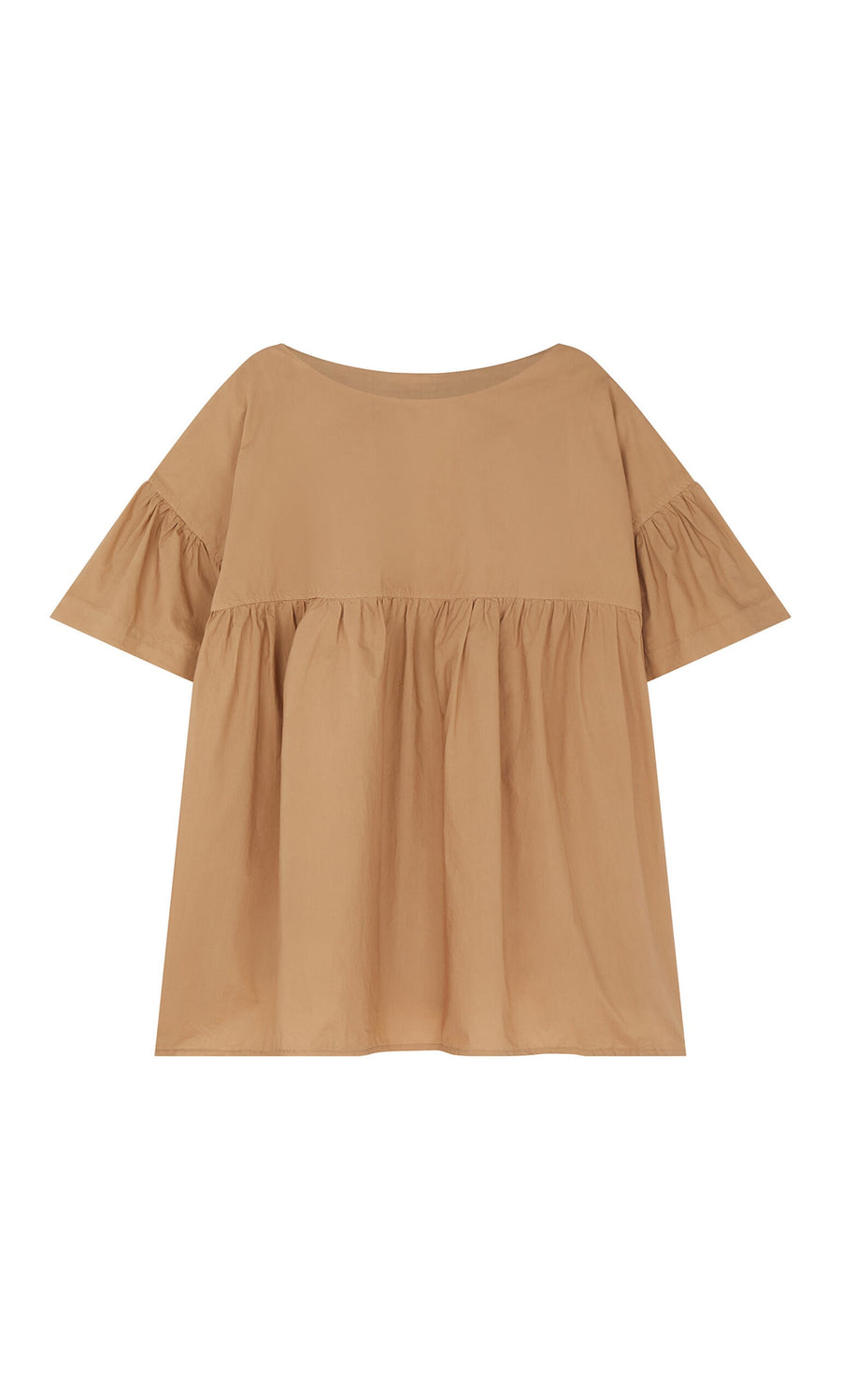 Plümo- Tan Peplum Top with ruffled sleeves and gathered waist, shown on a white background.