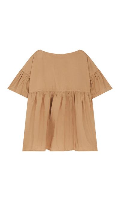 Plümo- Beige Peplum Top with short sleeves, boatneck, ruffled details, and a loose, flowy silhouette on a white background.