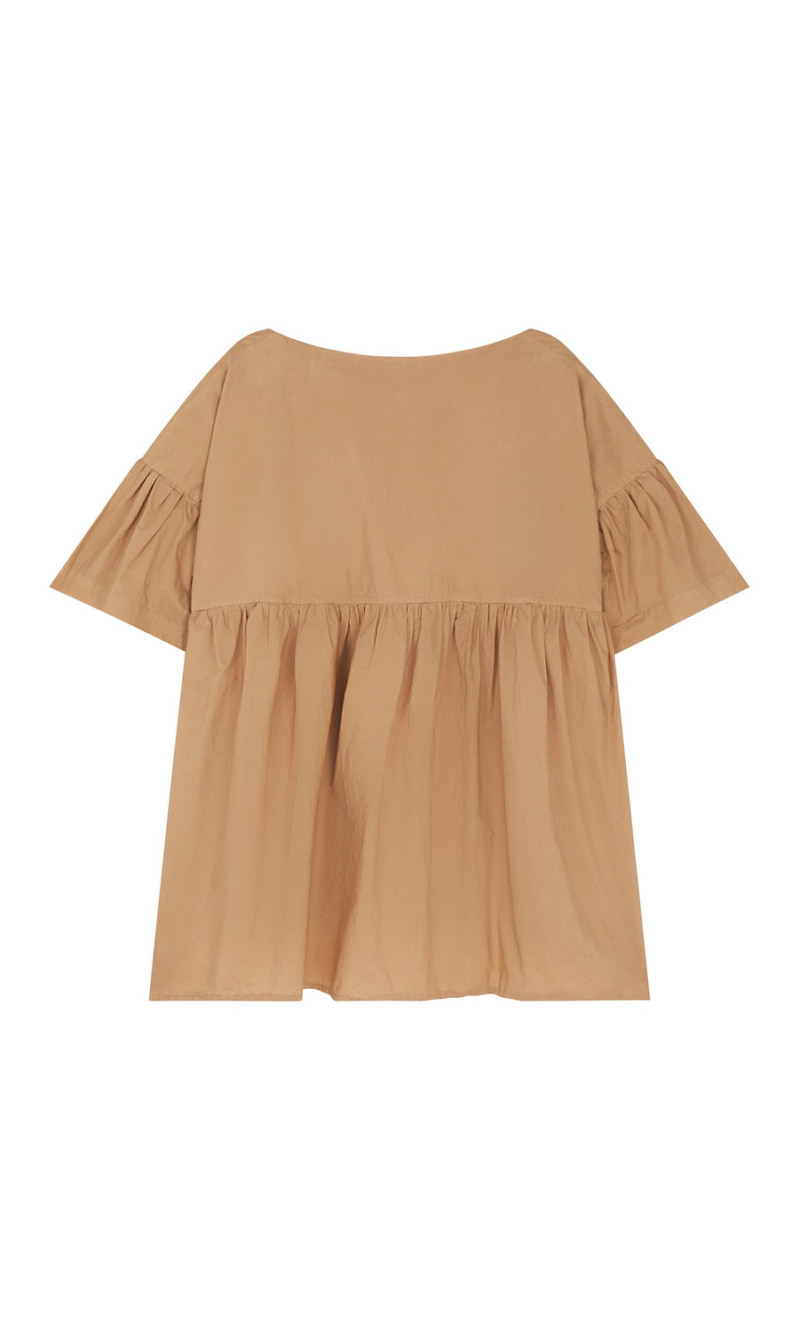 Plümo- Beige Peplum Top with short sleeves, boatneck, ruffled details, and a loose, flowy silhouette on a white background.
