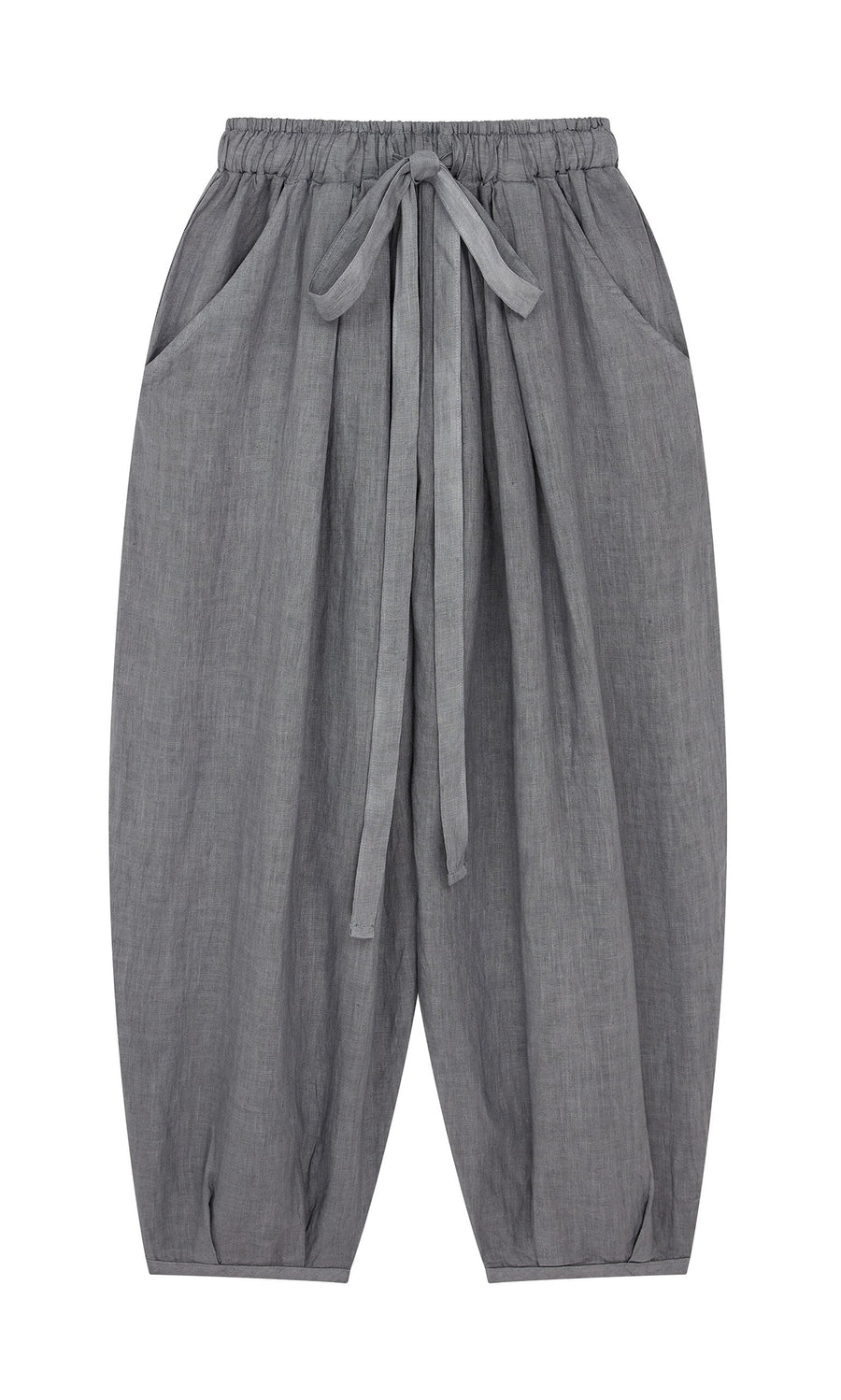Plümo- Percival Linen Pants in gray feature balloon legs, elastic waist, front pockets, and a fabric tie on a white background.