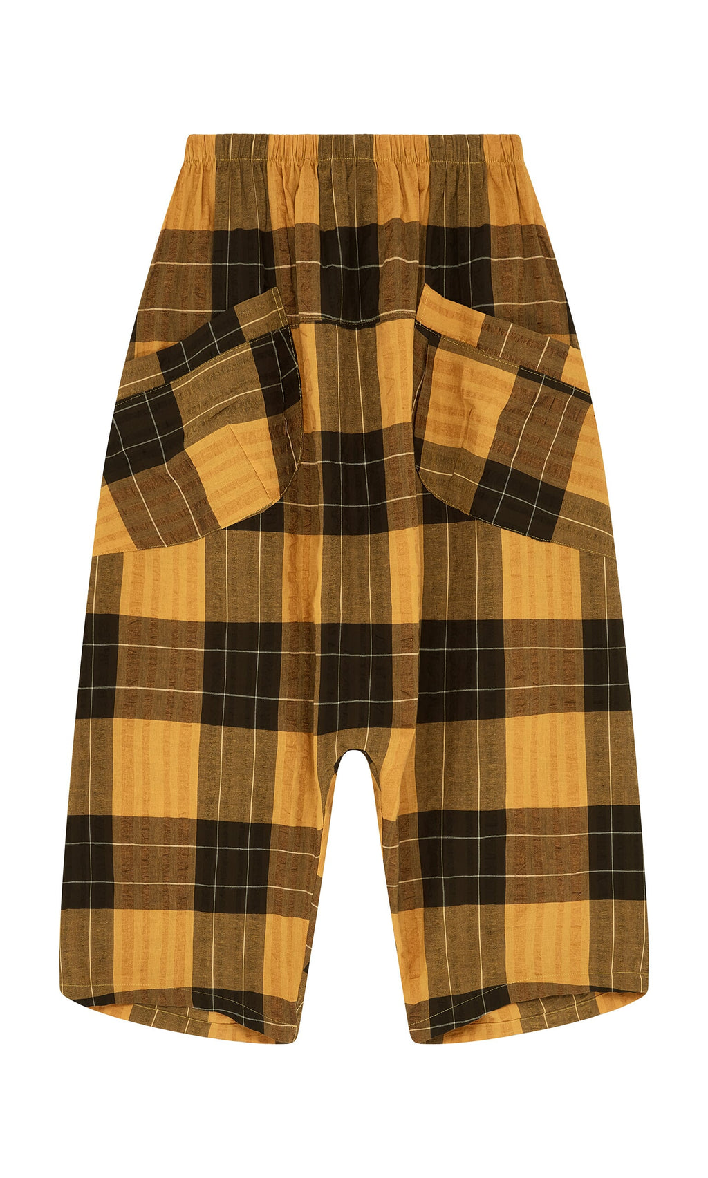 Plümo- Pimlico Pants: yellow and brown plaid cotton seersucker shorts with elastic waistband and slanted front pockets.