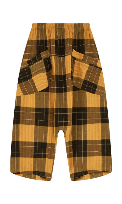 Plümo- Pimlico Pants: yellow and brown plaid cotton seersucker shorts with elastic waistband and slanted front pockets.