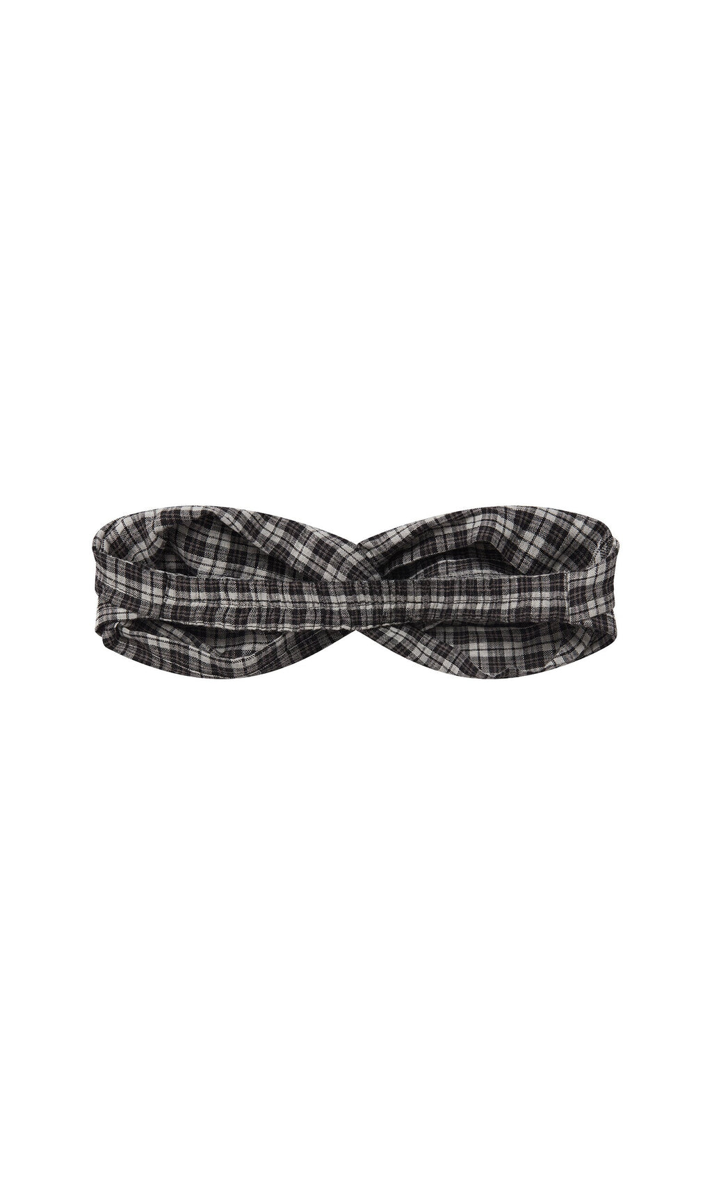 Plümo- Plaid Headband featuring a twisted front knot, shown in black and white on a white background.