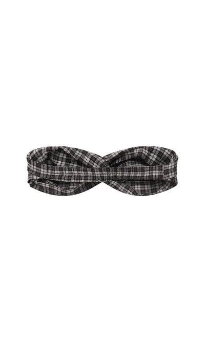 Plümo- Plaid Headband featuring a twisted front knot, shown in black and white on a white background.