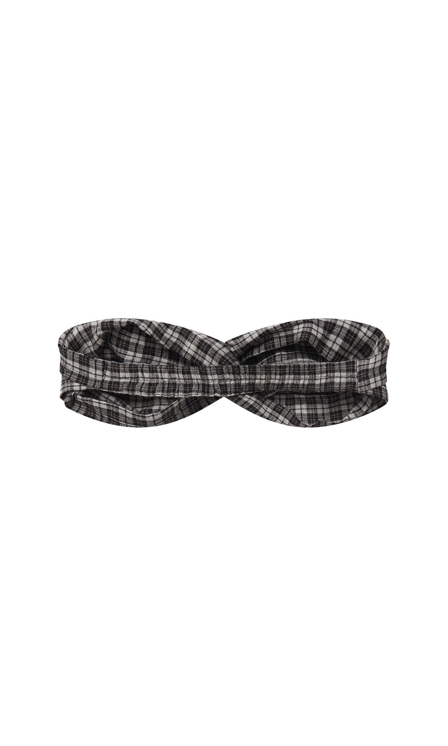 Plümo- Plaid Headband featuring a twisted front knot, shown in black and white on a white background.