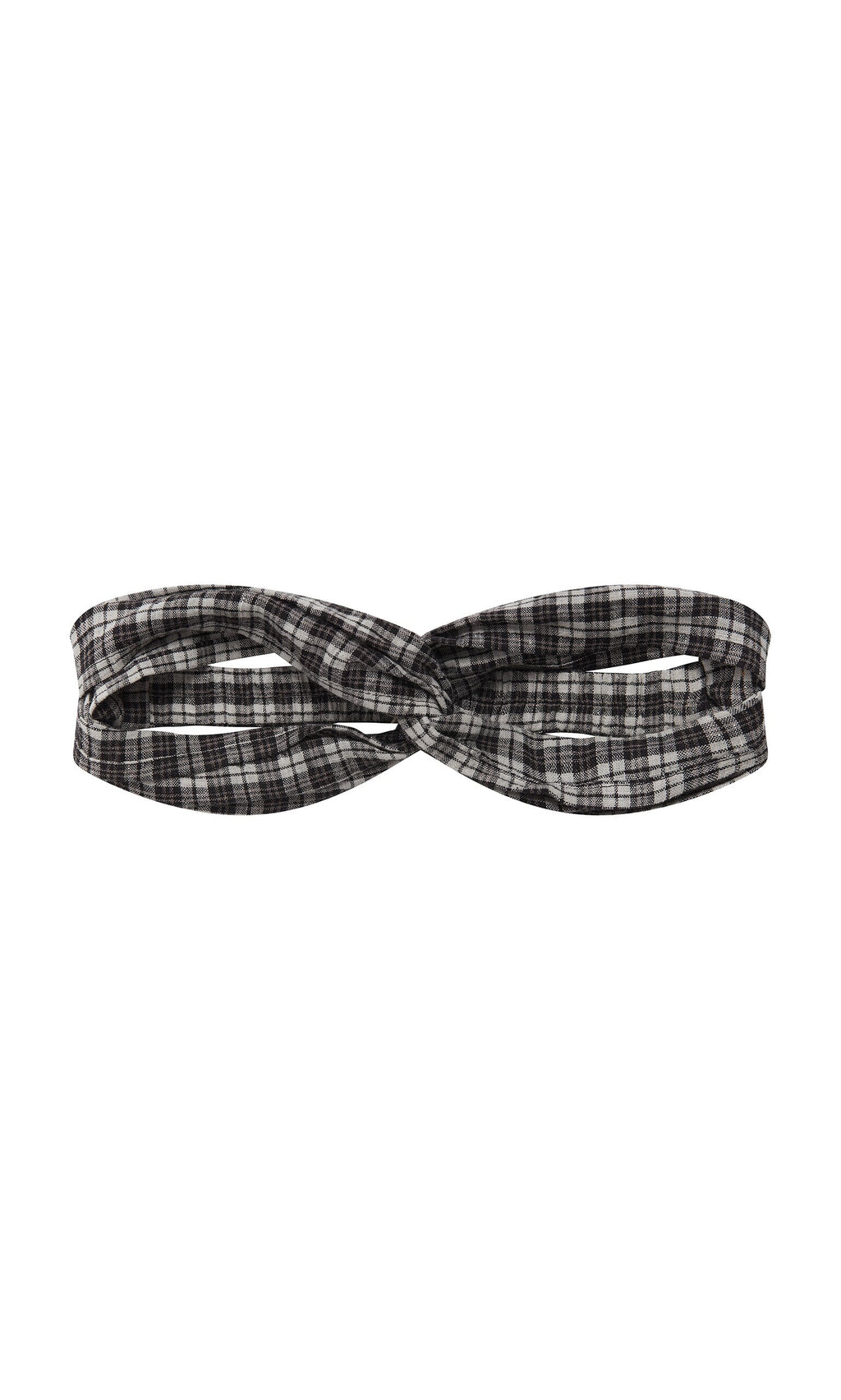 Plümo- Plaid Headband featuring a center twist knot, shown in black and white checks on a white background.