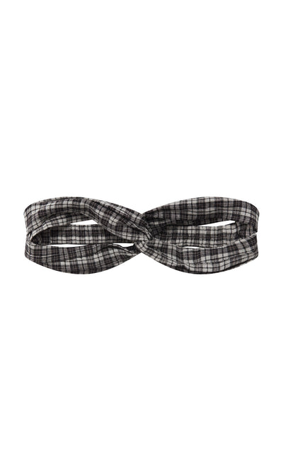 Plümo- Plaid Headband featuring a center twist knot, shown in black and white checks on a white background.