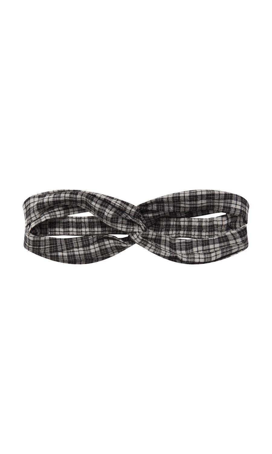 Plümo- Plaid Headband featuring a center twist knot, shown in black and white checks on a white background.