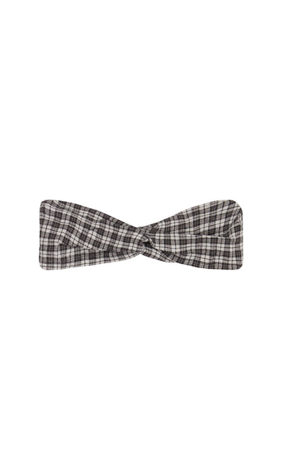 Plümo- Plaid Headband with twist knot design, shown on a white background in black and white checks.
