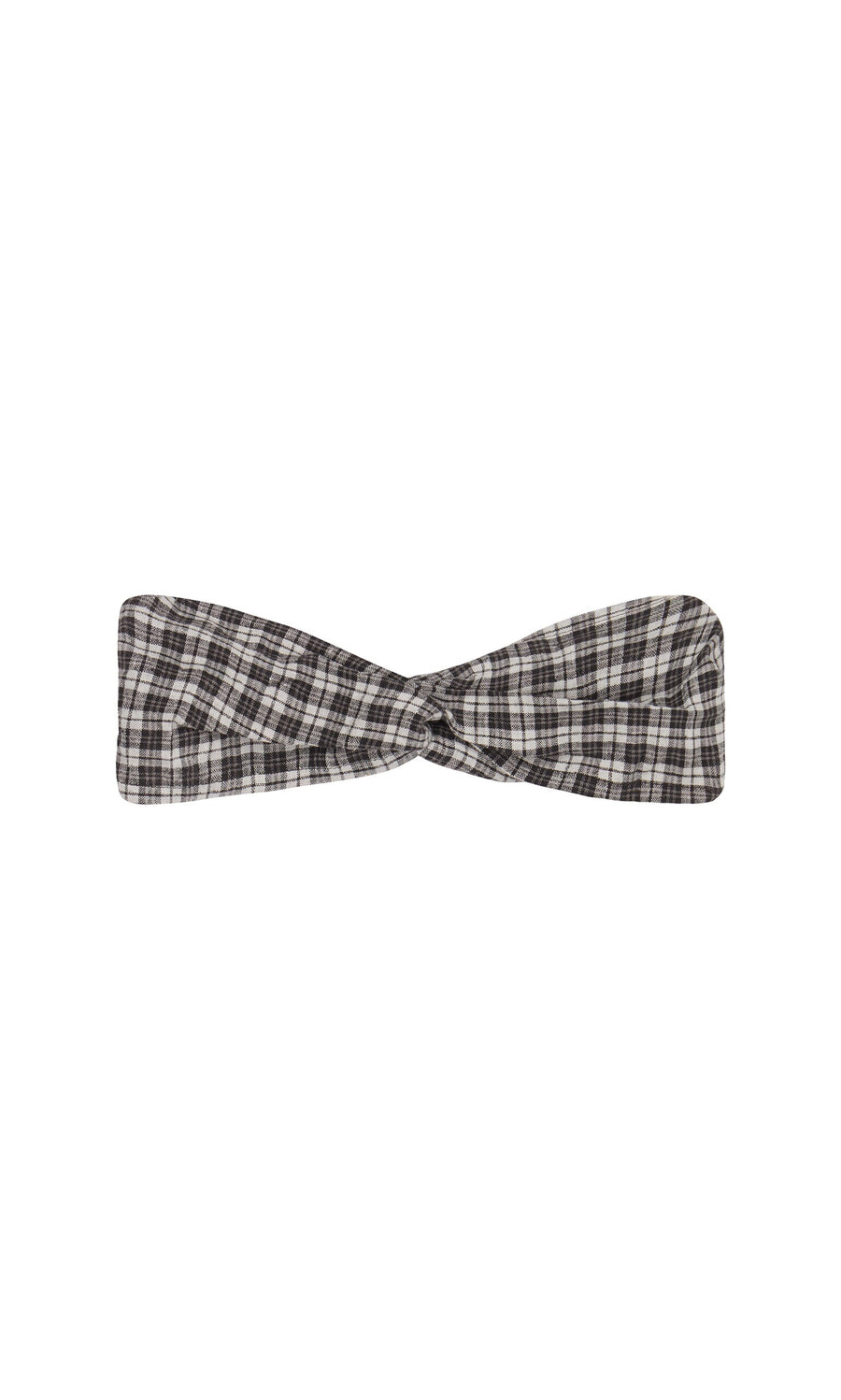 Plümo- Plaid Headband with twist knot design, shown on a white background in black and white checks.