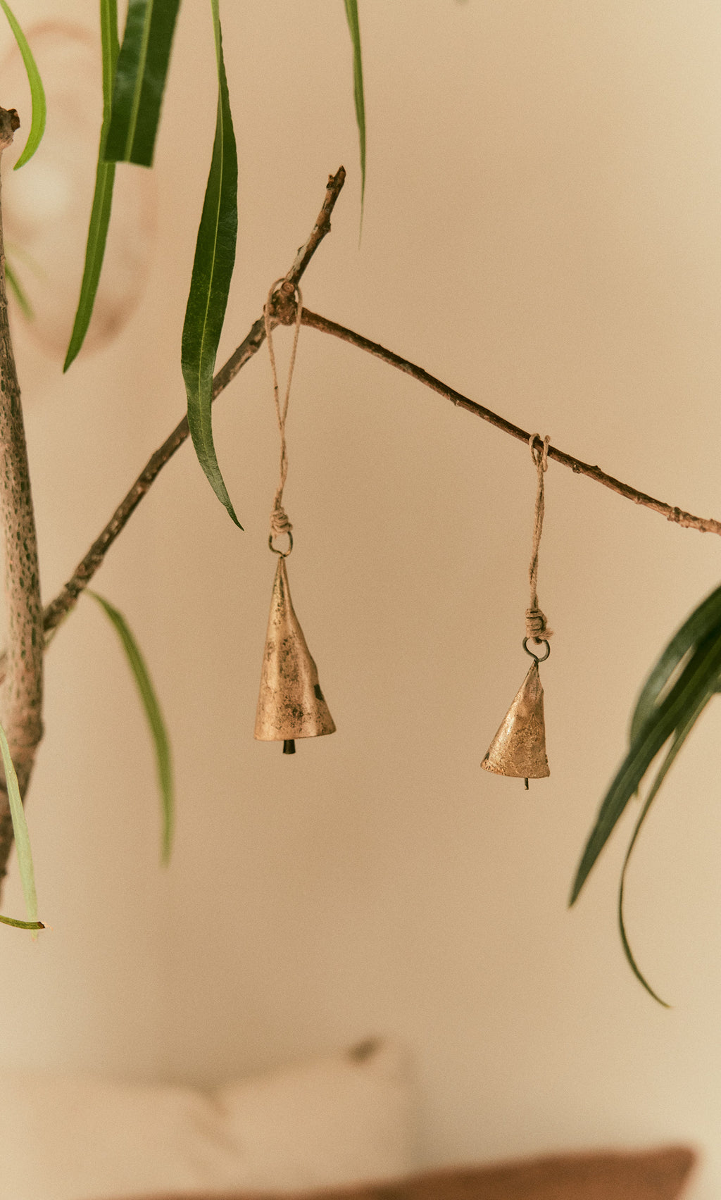 Plümo  A Hanging Brass Bell - Medium dangles from a leafy branch, displayed against a light beige background.