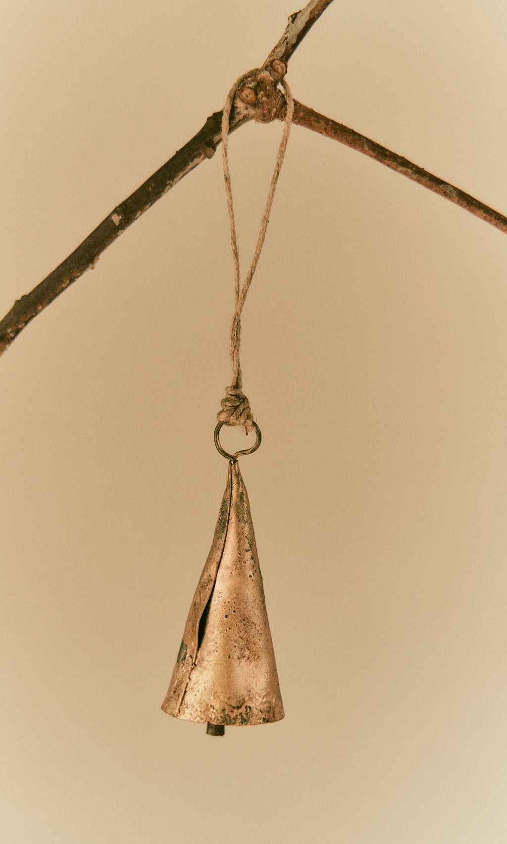 Plümo  A Hanging Brass Bell - Medium hangs by a string from a branch against a plain, light background.