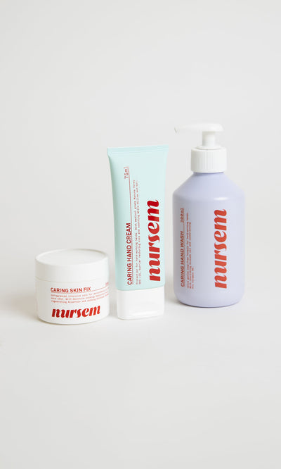 Plümo- Nursem Hand Cream (75ml) in a jar, tube, and pump bottle with Manuka honey on a plain white background.