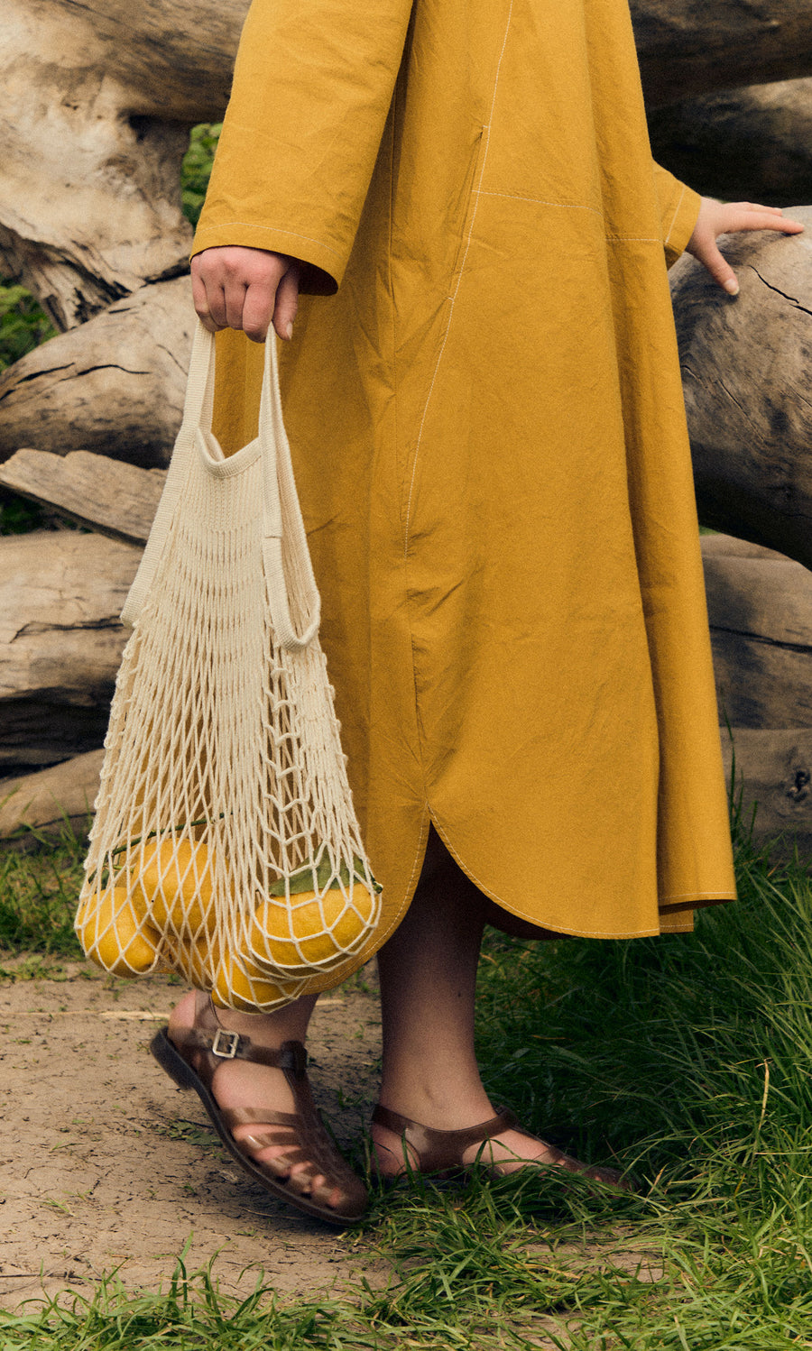 Plümo  Person in yellow dress holds Net Shopping Bag with lemons, standing outdoors near logs and grass.