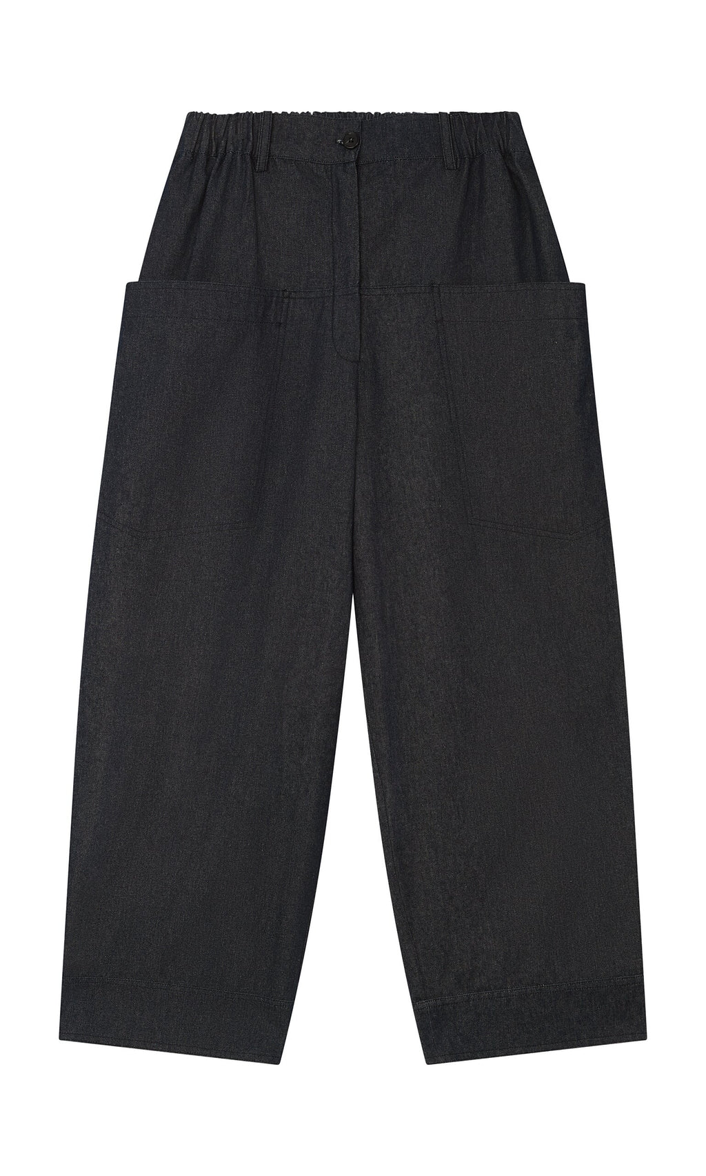 Plümo- Polder Pants - Washed Black: wide-leg denim with large front patch pockets and elasticized waist, shown flat on white.