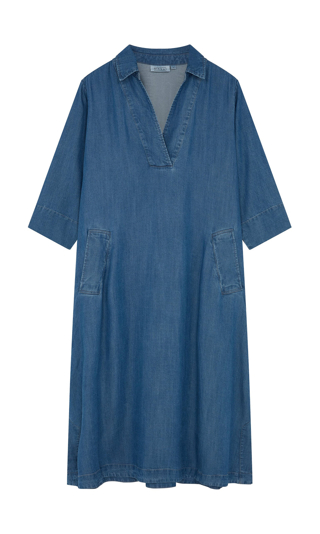 Plümo- Portcullis Dress: A loose-fitting A-line denim dress with elbow-length sleeves and V-neck on a white background.