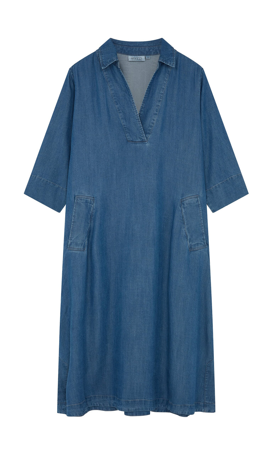 Plümo- Portcullis Dress: A loose-fitting A-line denim dress with elbow-length sleeves and V-neck on a white background.