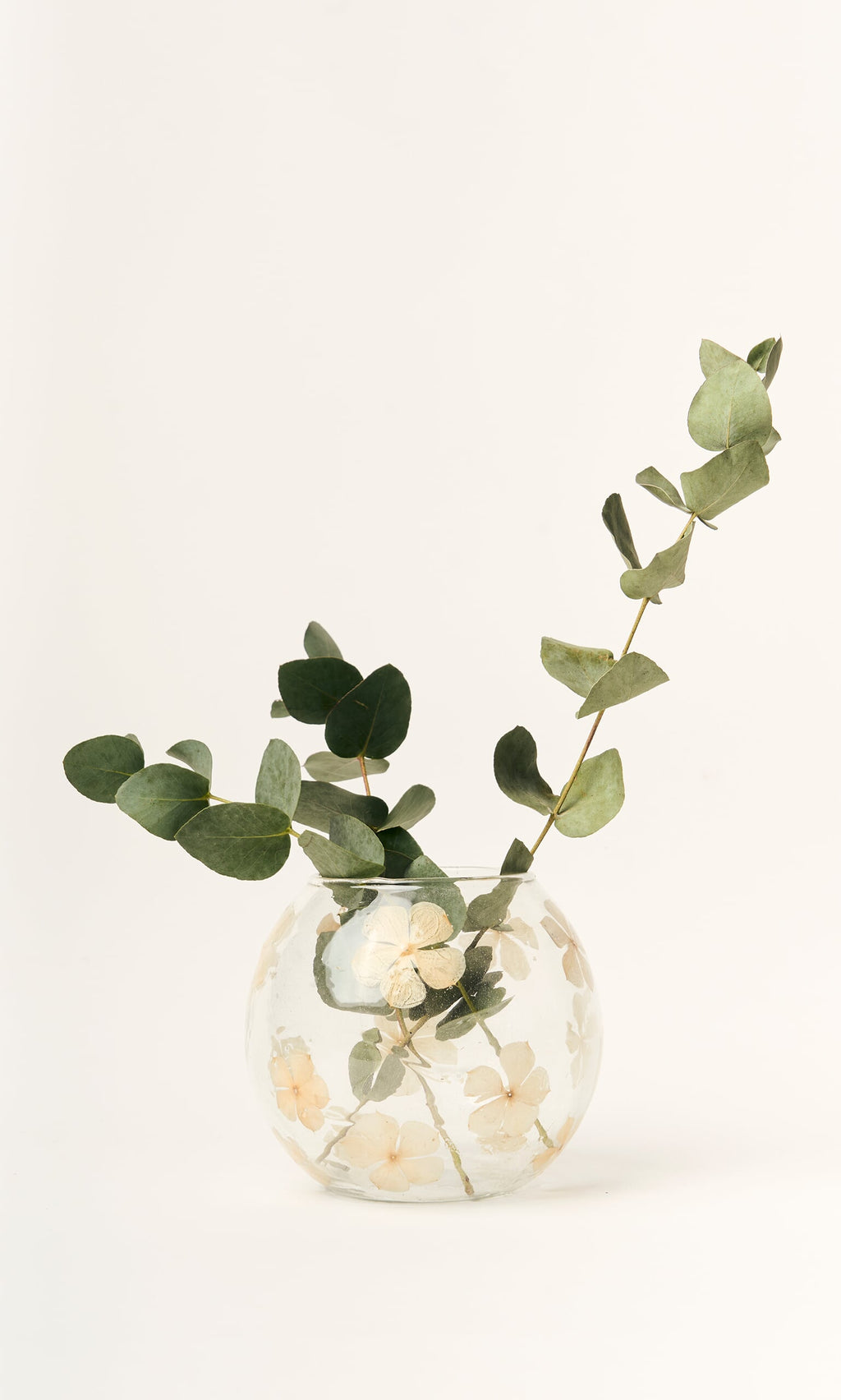 Plümo- Pressed Flower Vase with dried flowers and eucalyptus branches set against a plain, light background.