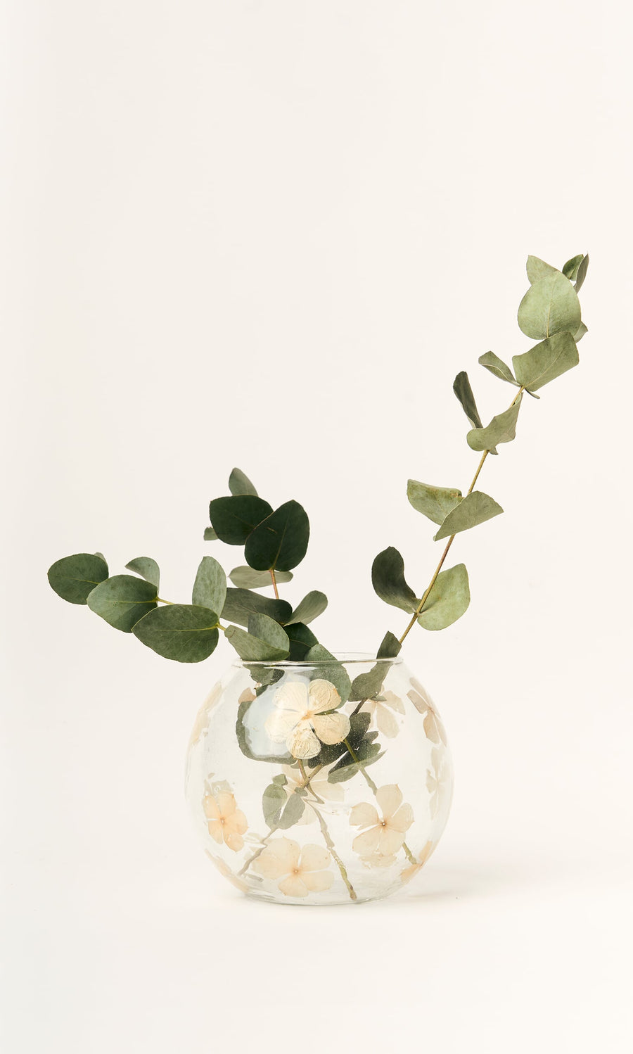 Plümo- Pressed Flower Vase with dried flowers and eucalyptus branches set against a plain, light background.