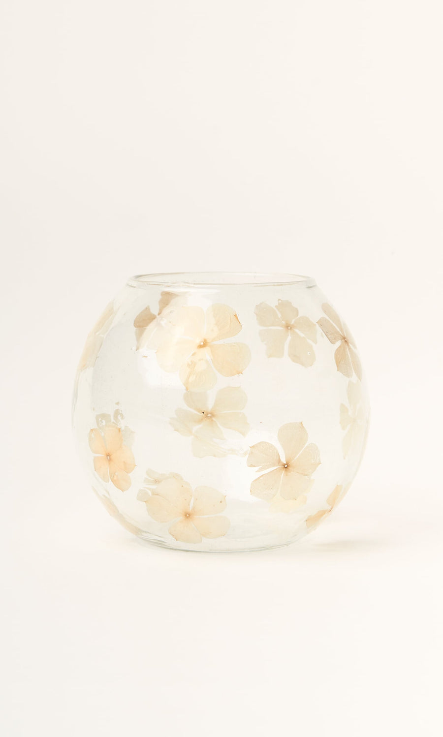 Plümo- Pressed Flower Vase: recycled glass with cream pressed flowers embedded, shown on a plain white background.