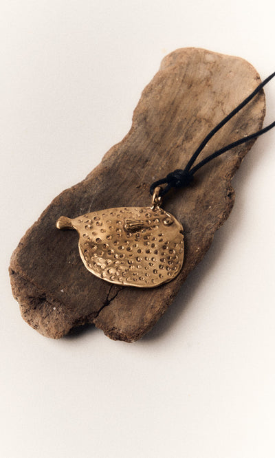 Plümo- Gold, textured Puffer Fish Necklace on black cord, handcrafted and displayed on driftwood.