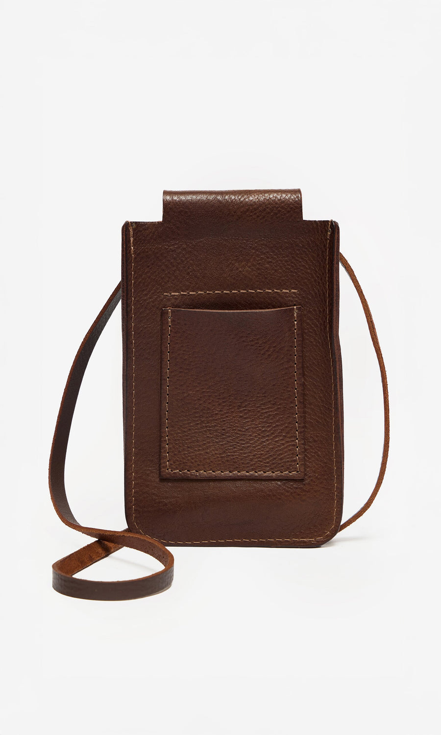 Plümo- The Purdy Bag is a small brown vegetable-dyed leather crossbody with a front pocket and long strap.