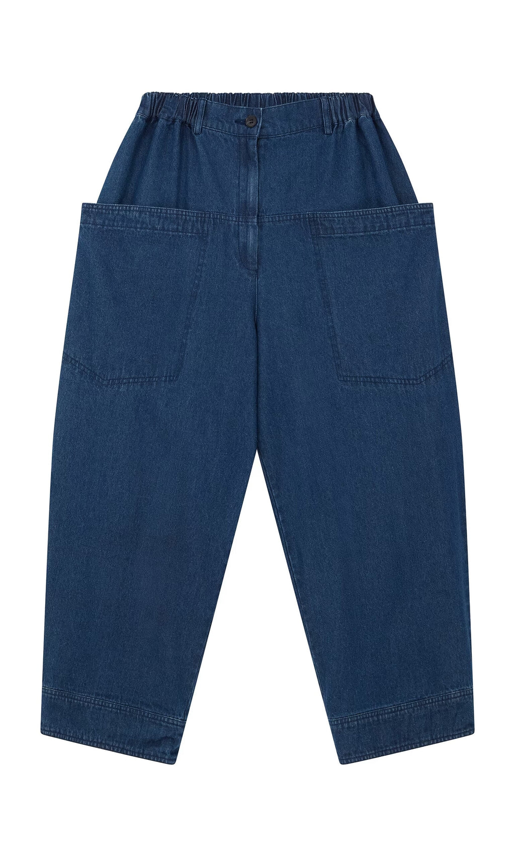 Plümo- Polder Pants - Original Denim: Blue wide-leg denim with relaxed fit, elastic waist, and large front pockets.